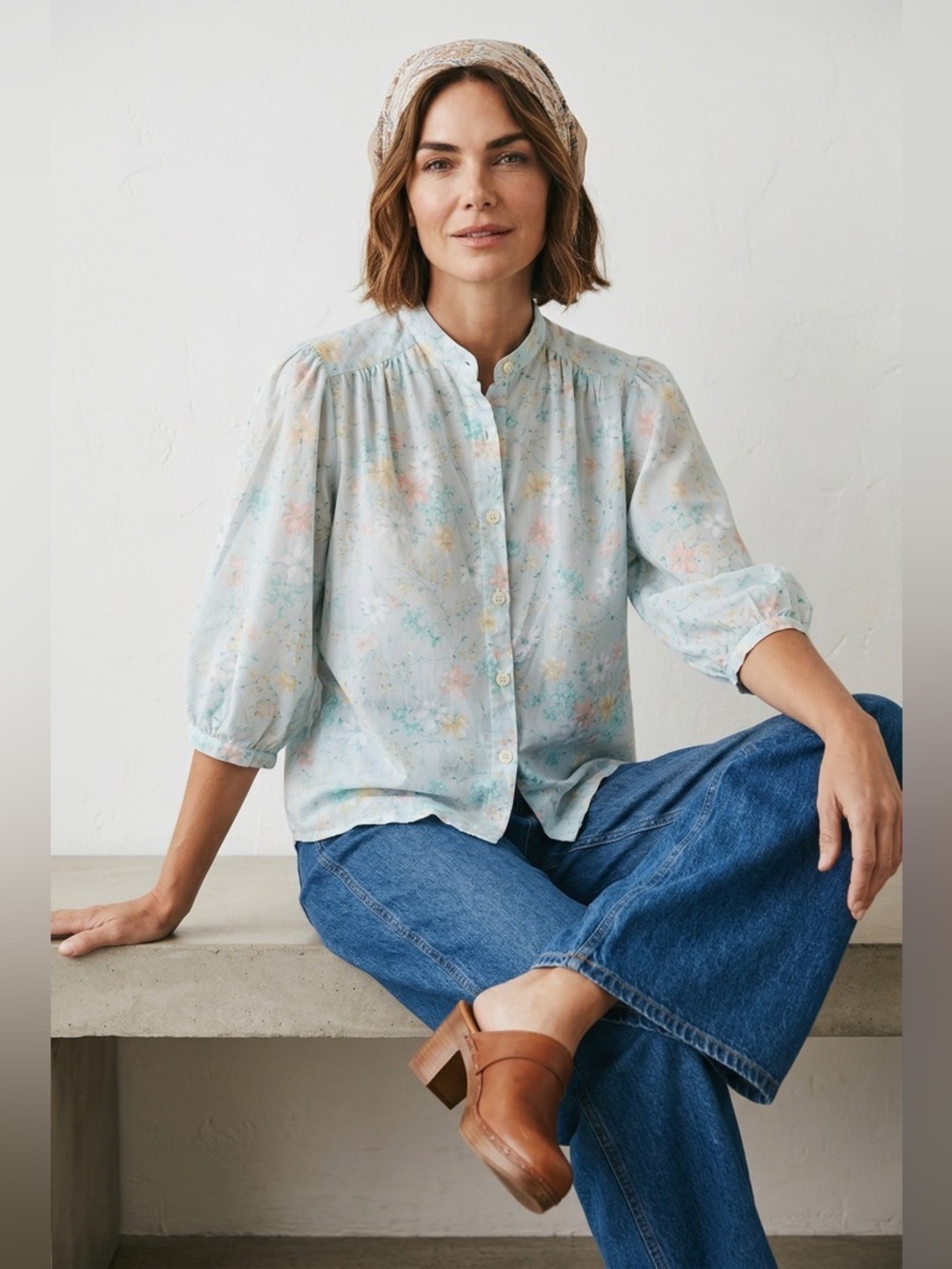Vintage 70s button down cotton pastel floral top cottagecore boho peasant top